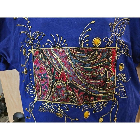 VTG Handpainted Blue T-Shirt With Paisley Design & Gold Accents Wearable art - Picture 3 of 7